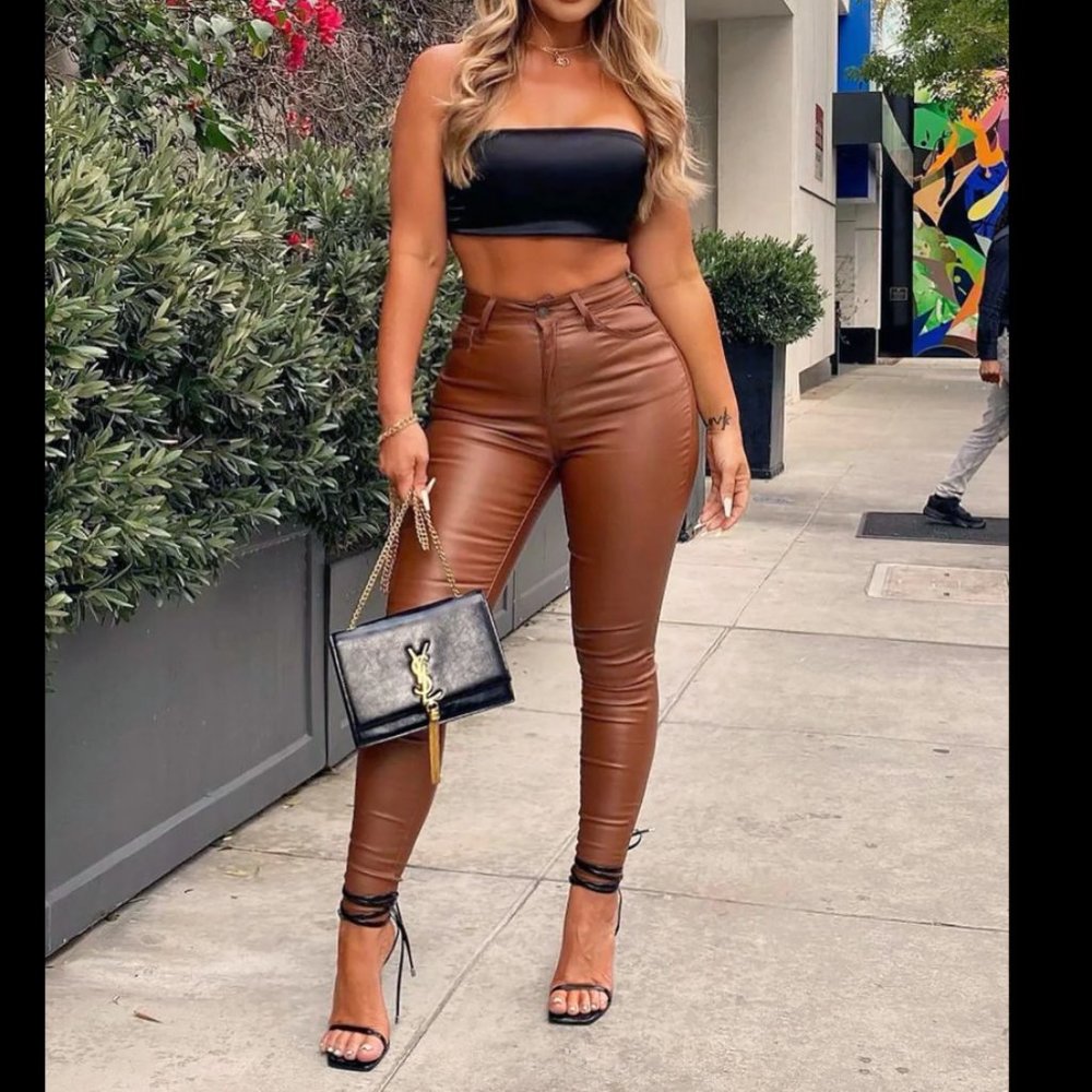fashion nova brown Double Dare Faux Leather Pants - Camel SIZE SMALL